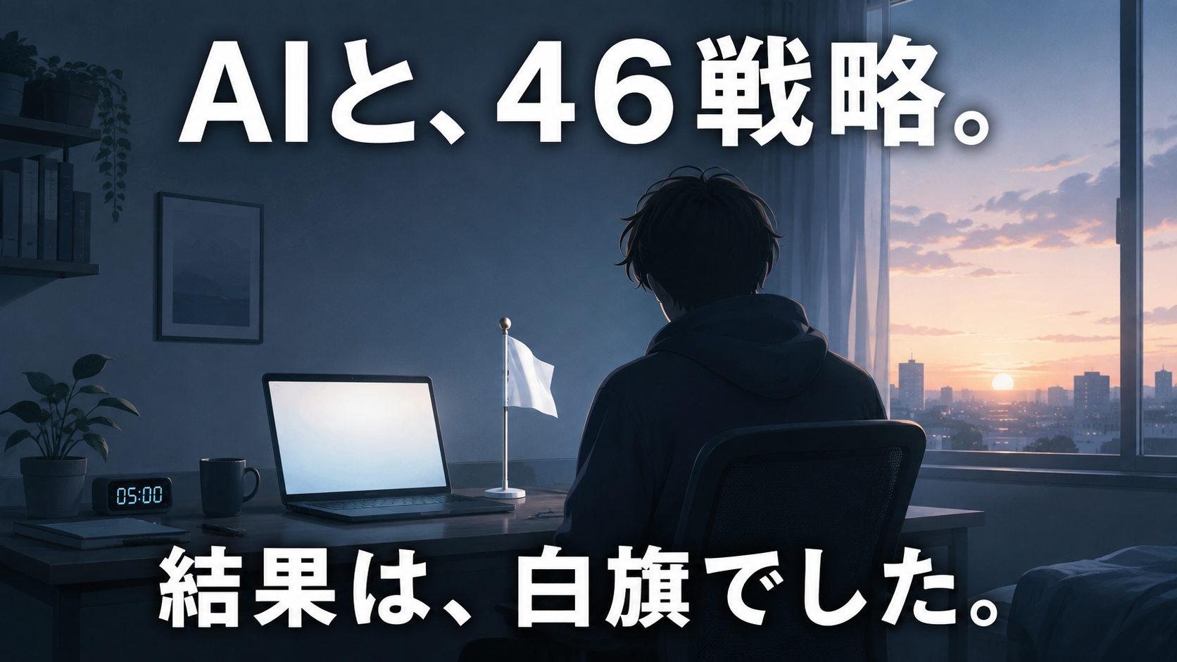 朝5時の部屋で白旗を上げる男性の後ろ姿。AIとの投資戦略検証に区切りをつけた体験談