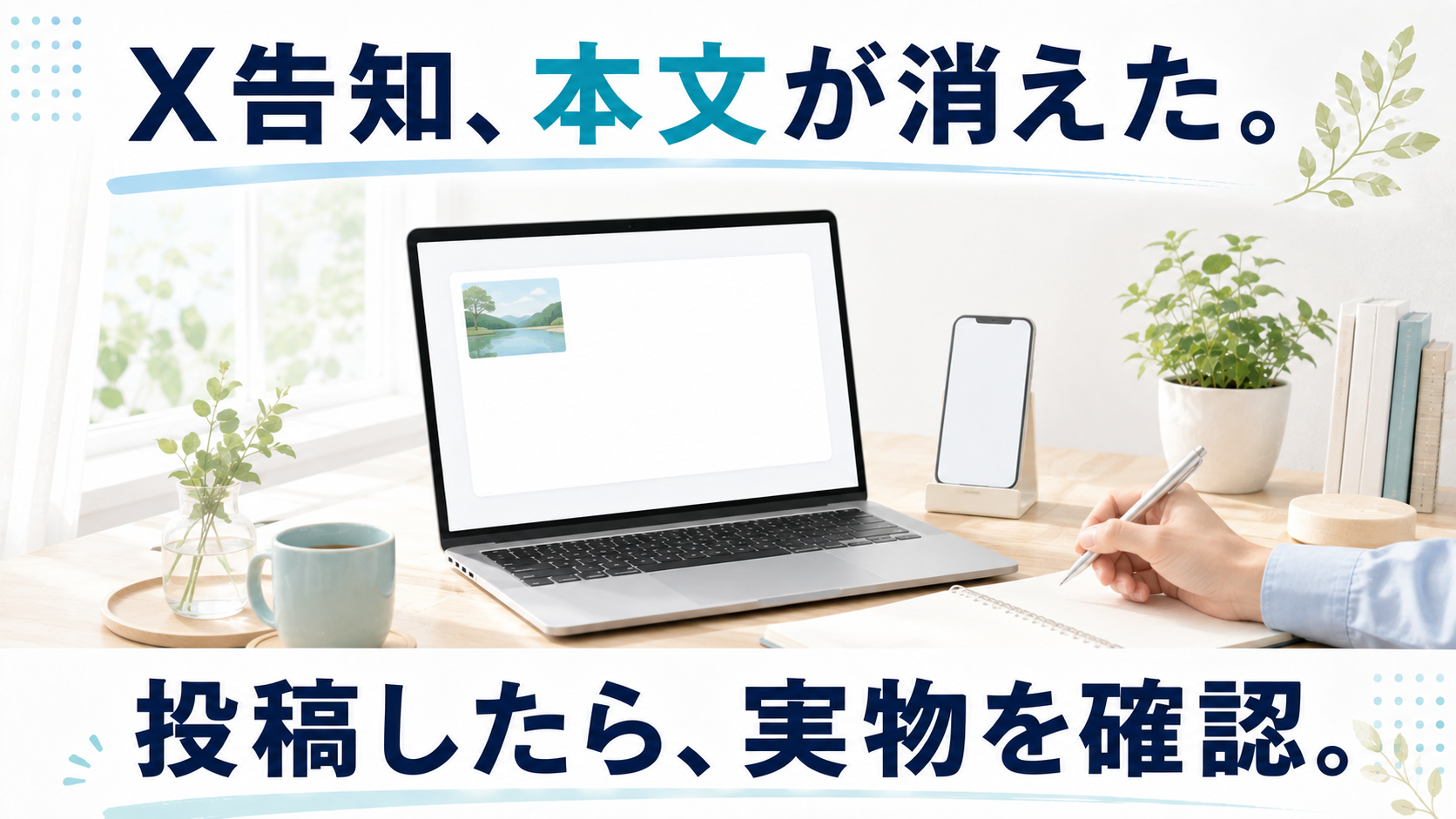 「X告知、本文が消えた。投稿したら、実物を確認。」という文字と、本文が空の投稿を示すパソコン。AI生成のイメージで、実際の投稿画面ではありません。
