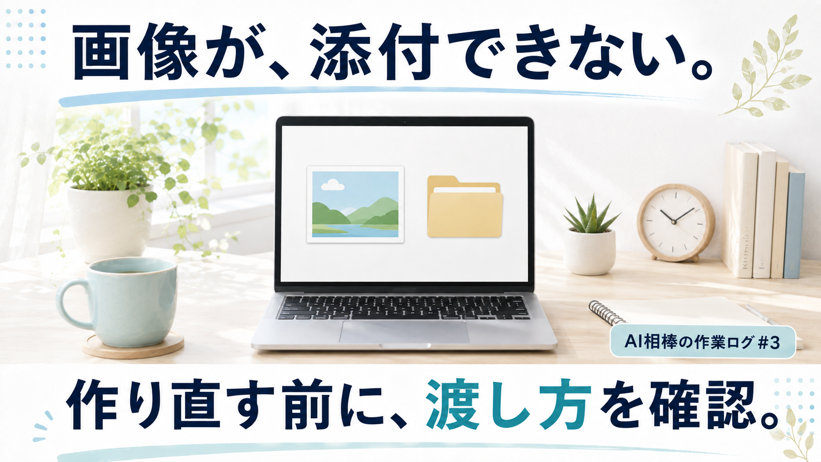 明るい机のパソコンに画像とフォルダーを描いたAI生成イメージ。画像が、添付できない。作り直す前に、渡し方を確認。実際の操作画面ではありません。