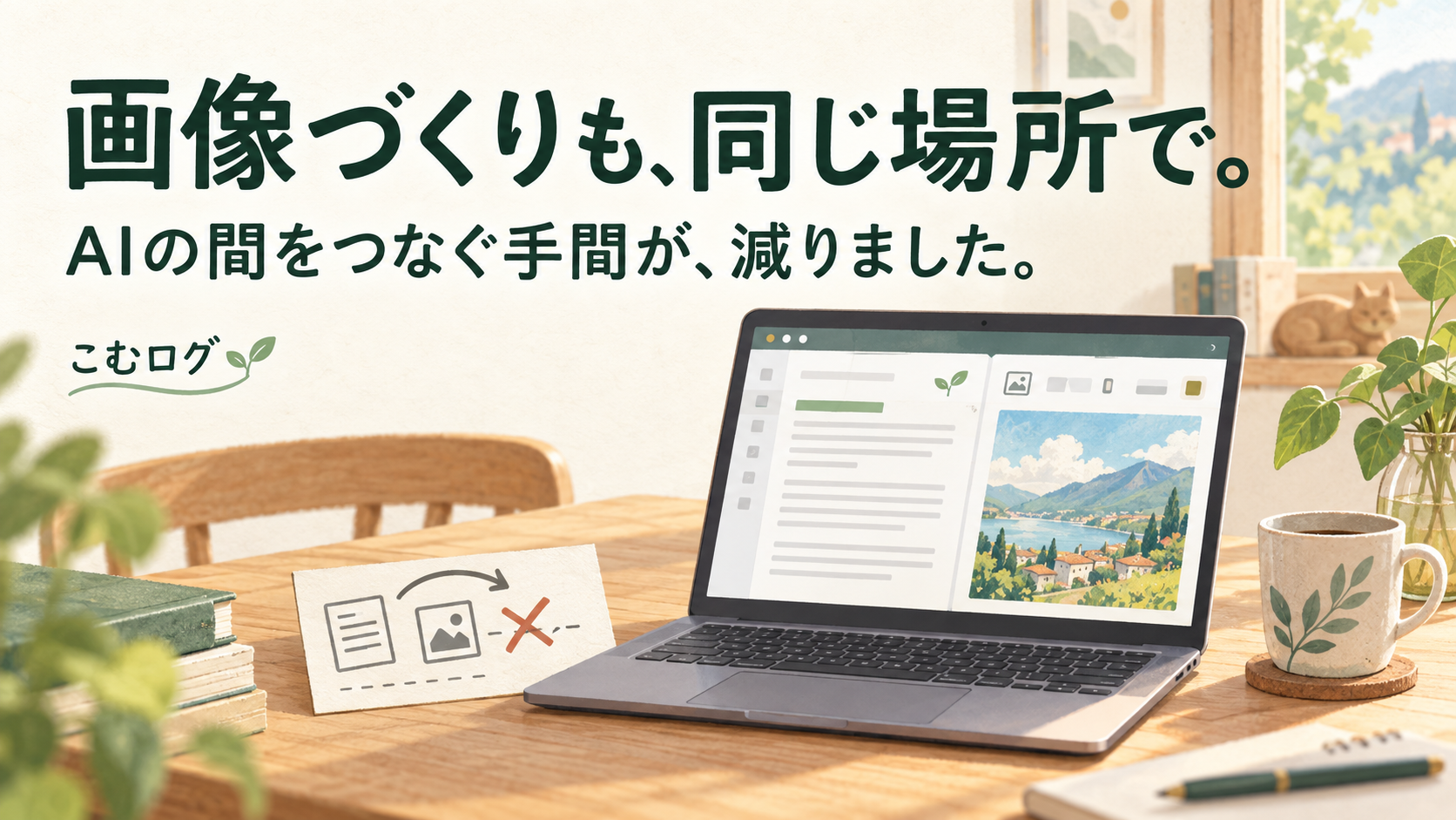 文章と画像を同じ画面に並べたパソコンを描いたAI生成イメージ。画像づくりも、同じ場所で。AIの間をつなぐ手間が、減りました。実際のサービス画面ではありません。