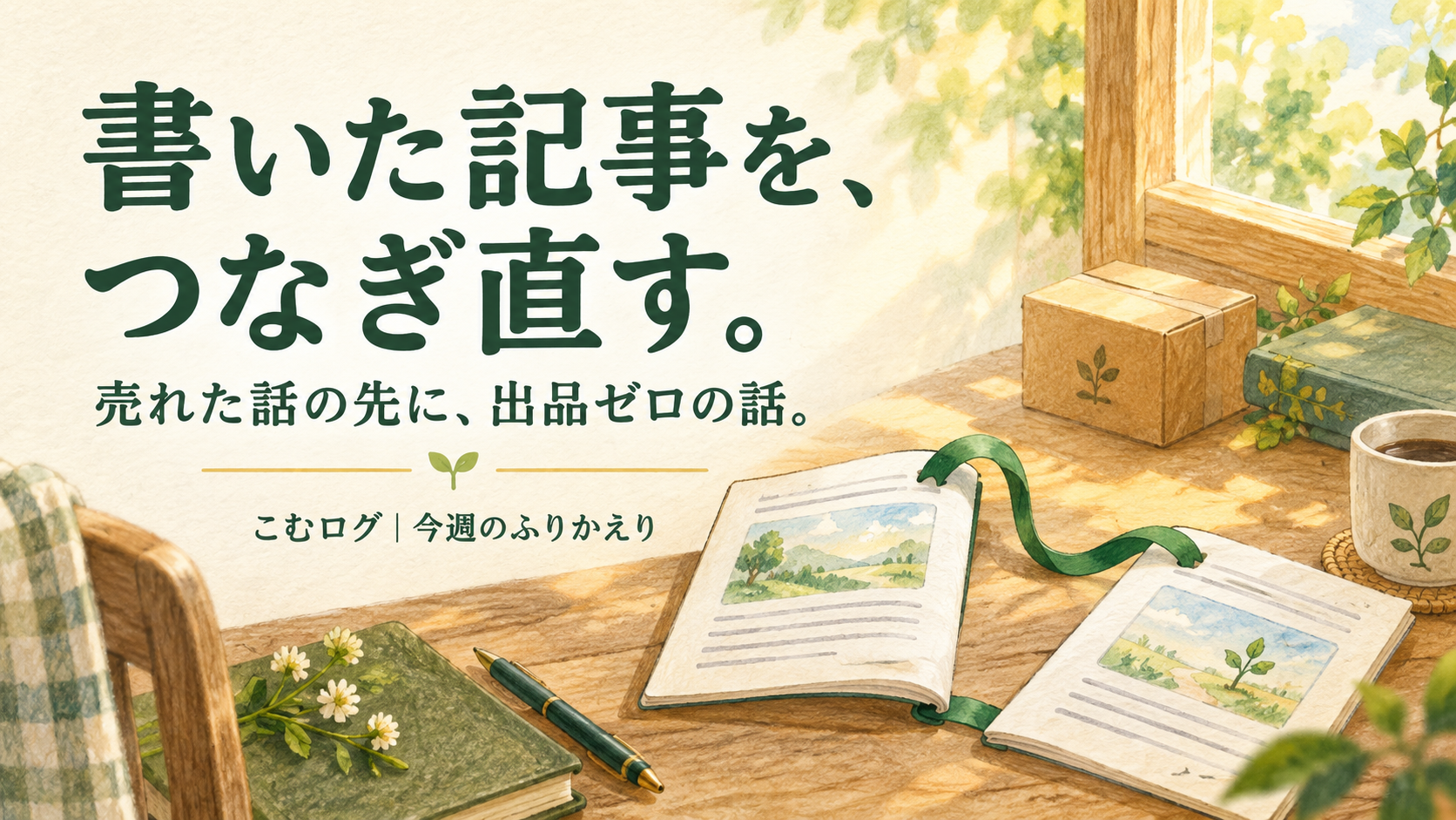 緑のリボンで2つの記事をつないだAI生成イメージ。書いた記事を、つなぎ直す。売れた話の先に、出品ゼロの話。こむログ、今週のふりかえり。実際のブログ画面ではありません。