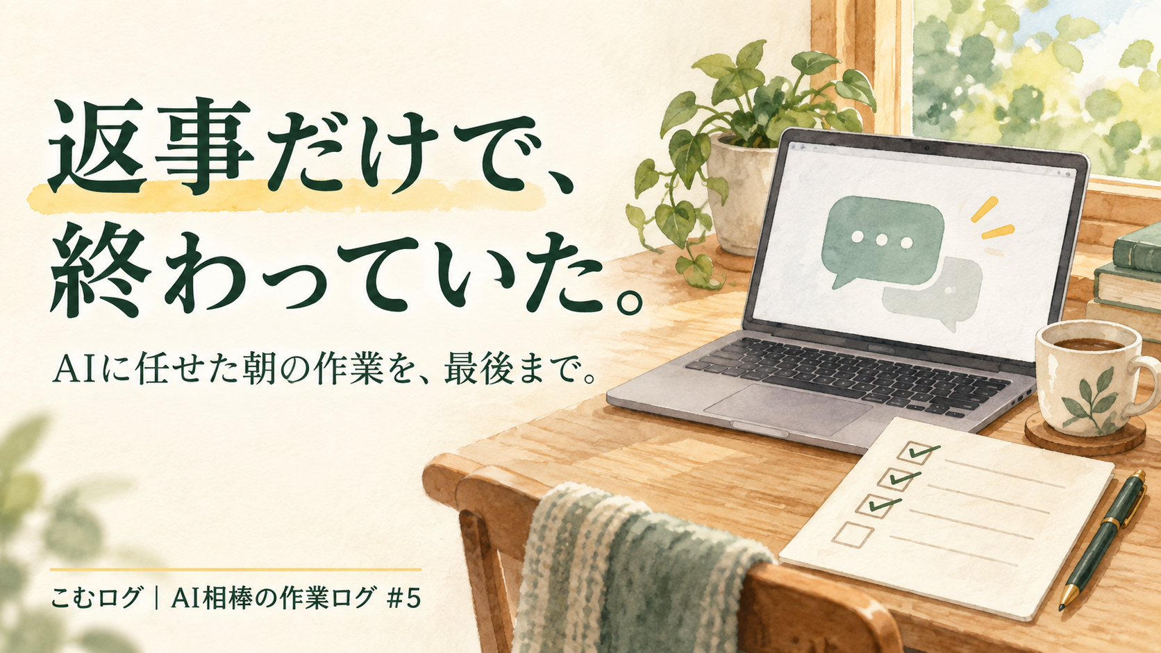 会話を表示したパソコンと未完了欄のある作業メモを描いたAI生成イメージ。返事だけで、終わっていた。AIに任せた朝の作業を、最後まで。こむログ、AI相棒の作業ログ5。実際の管理画面ではありません。