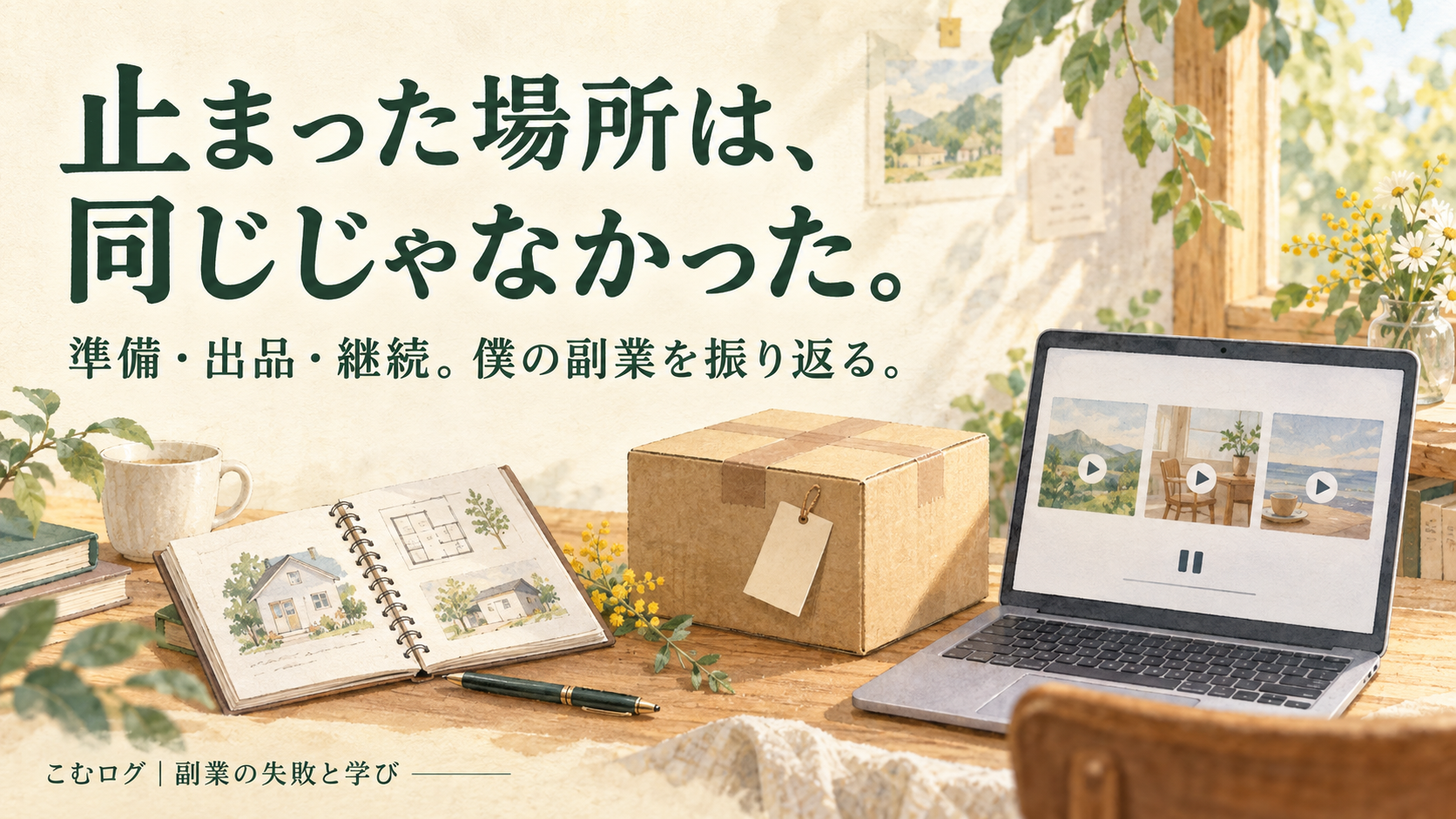 物件を調べるノート、出品前の箱、3枚の動画カードと一時停止マークを表示したパソコンを描いたAI生成イメージ。止まった場所は、同じじゃなかった。準備・出品・継続。僕の副業を振り返る。実際の物件・在庫・チャンネル画面ではありません。