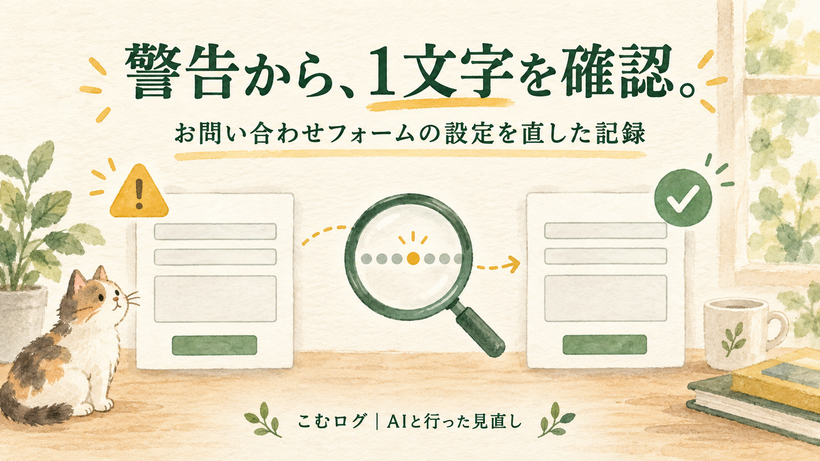 入力欄を模したカード、文字列を表す点を調べる虫眼鏡、緑のチェックを描いたAI生成イメージ。警告から、1文字を確認。お問い合わせフォームの設定を直した記録。実際のキーや管理画面ではありません。