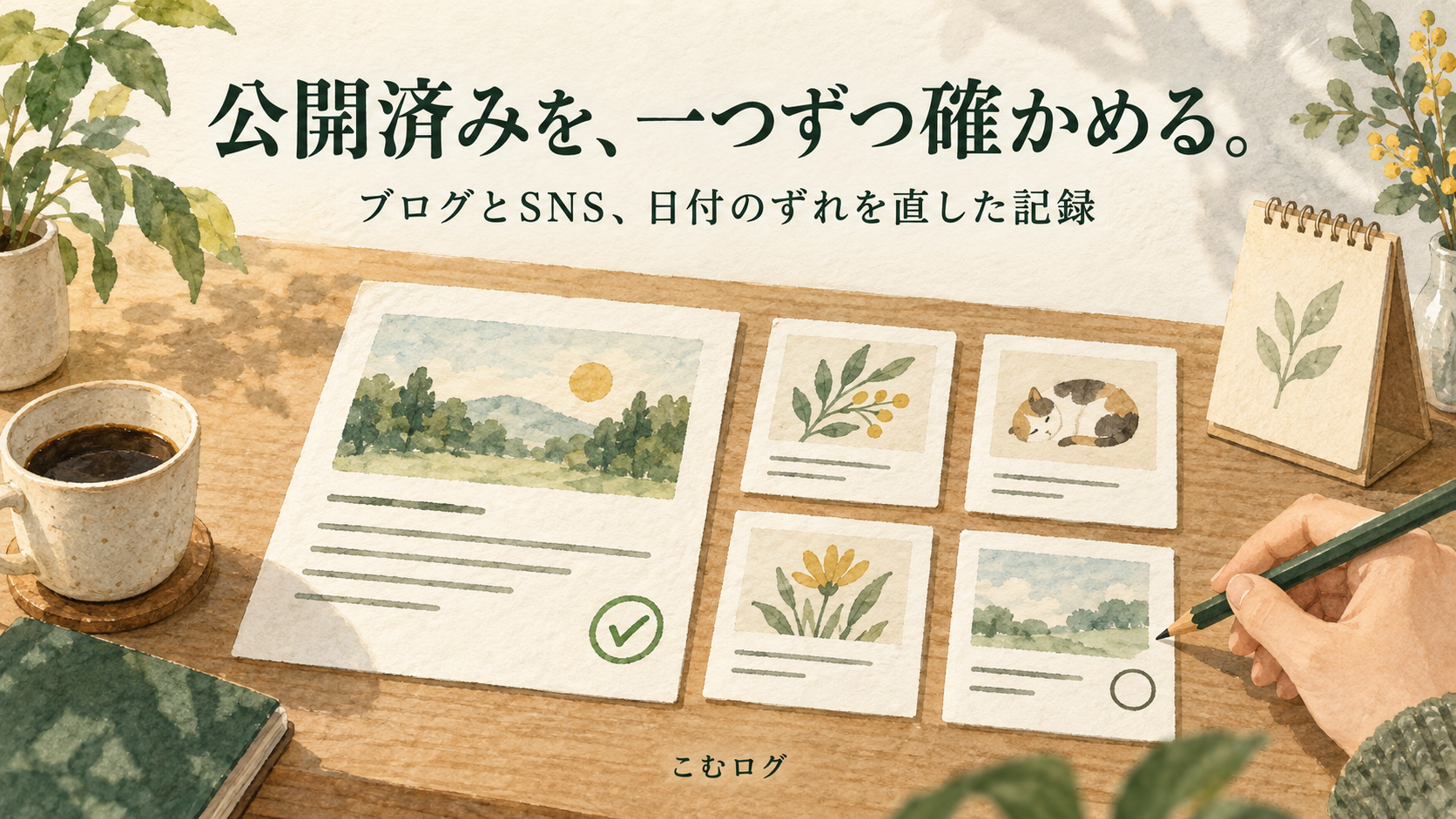 大きな記事カードと小さな投稿カードを並べ、鉛筆で公開状態を確かめるAI生成イメージ。公開済みを、一つずつ確かめる。ブログとSNS、日付のずれを直した記録。こむログ。実際の管理画面ではありません。
