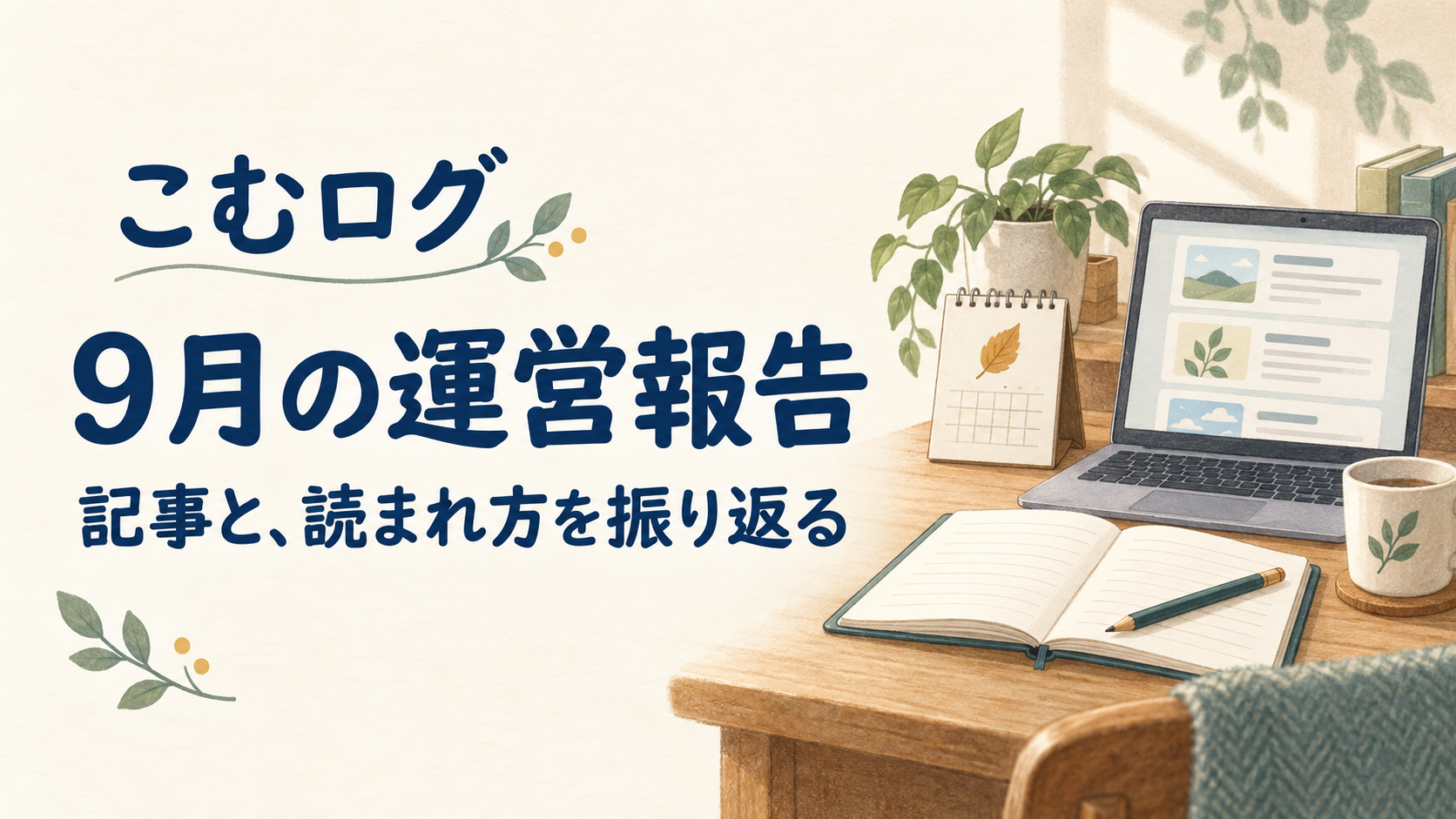 「こむログ 9月の運営報告 記事と、読まれ方を振り返る」の文字と、ノート・鉛筆・パソコンのある机を描いたイラスト