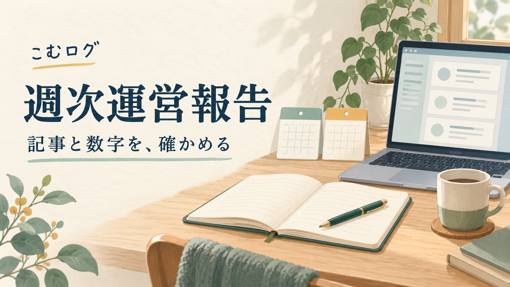こむログの週次運営報告。机の上にノート、二つのカレンダーとノートパソコンを並べ、記事と閲覧数を確認する様子を描いたAI生成イラスト。