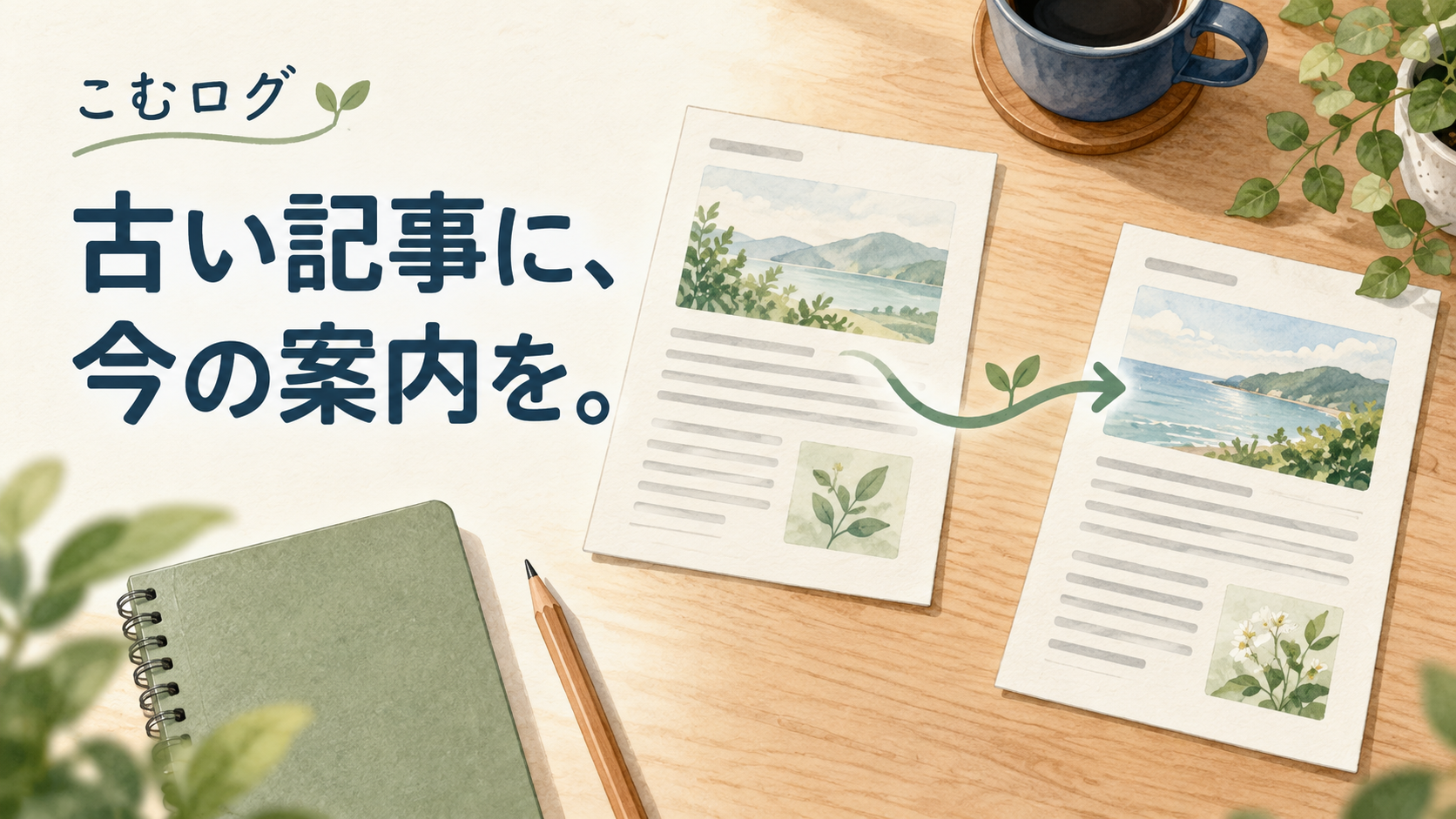 「こむログ 古い記事に、今の案内を。」の文字。木の机の上で、二つの記事用紙を緑の矢印でつなぎ、ノートと鉛筆を添えたAI生成イラスト。